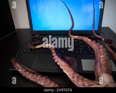 Computer virus concept. Laptop seized by disgusting monster with long sticky tentacles. Data loss danger. Stock Photo