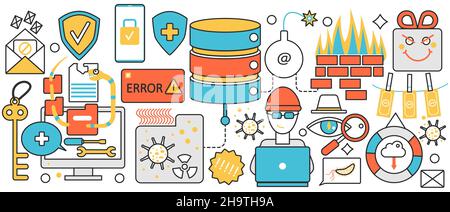 Cyber security and information protection safety technology. Hacker attack and money laundering crime, email spam of internet fraud, computer virus in infographic concept banner, thin line art design Stock Vector