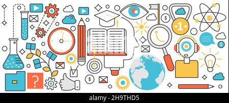 Science, expertise and knowledge. Study of student with library books, lesson and lecture in school or university, laboratory test experiment in infographic concept banner, thin line art design Stock Vector