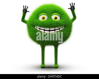 Green happy furry monster with joyful face and laughing mouth, isolated on white background, 3D rendering Stock Photo