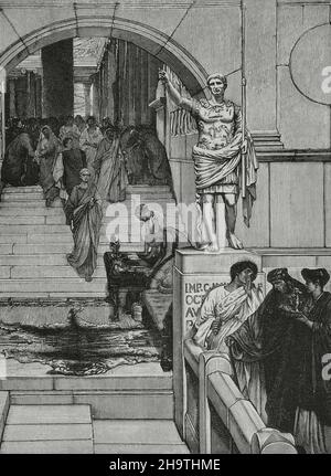 Audience with Agrippa (63 BC-12 BC). Roman general and politician. Engraving after a painting by Lawrence Alma-Tadema (1836-1912). La Ilustración Española y Americana, 1882. Stock Photo