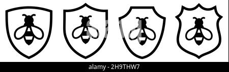 Bee icon inside shield, different versions. Protection from insect concept Stock Vector