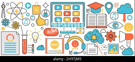 Video online technology. Internet course training or virtual web seminar for students, digital tutorials and news channel, music and vlog podcast in infographic concept banner, thin line art design Stock Vector