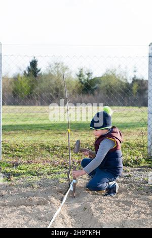 A boy hammers a stake with a hammer in the garden to mark the garden Stock Photo