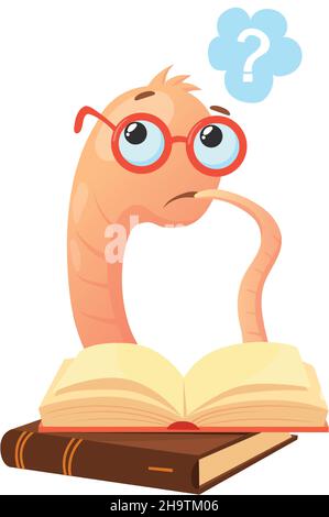 Smart bookworm. Cartoon book worm in glasses read with question, vector isolated on white background Stock Vector