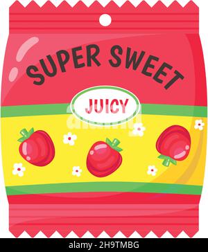 Strawberry candy packing. Chew candied bubble, lollipop caramel, cartoon abstract vector isolated on white background Stock Vector