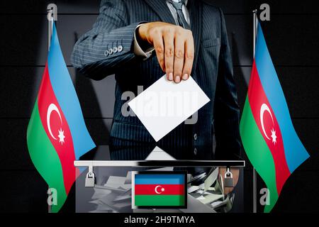 Azerbaijan flags, hand dropping voting card - election concept - 3D illustration Stock Photo