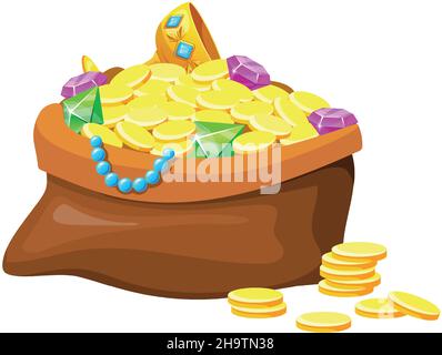 Treasures sack. Bag with Diamond royal gems, riched symbols for games, cartoon vector isolated on white background Stock Vector