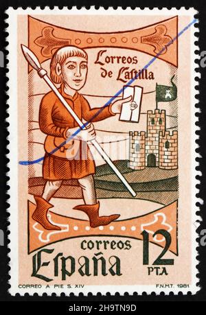 SPAIN - CIRCA 1981: a stamp printed in the Spain shows Mail Messenger, 14 Century, Woodcut, circa 1981 Stock Photo