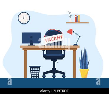 Office workplace with vacancy sign. Empty seat, chair in room for employee. Eps 10 Stock Vector