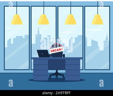 Office workplace with vacancy sign. Empty seat, chair in room for employee. Eps 10 Stock Vector
