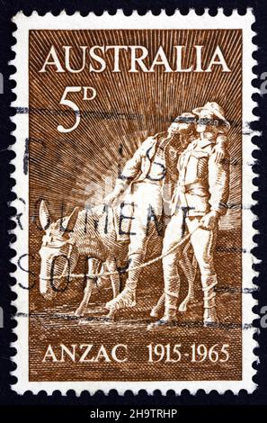 AUSTRALIA - CIRCA 1963: a stamp printed in the Australia shows Simpson and his Donkey, by Wallace Anderson, 50th Anniversary of the Battle of Gallipol Stock Photo