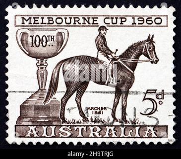 AUSTRALIA - CIRCA 1960: a stamp printed in the Australia shows Melbourne Cup and Archer, 1862 Winner, Centenary of the Melbourne Cup, circa 1960 Stock Photo