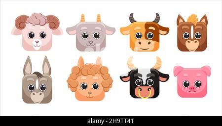 Set of cute square animals, ui. Home farm. Vector zoo stickers in cartoon flat style isolated on white background. Stock Vector