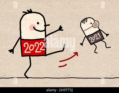 Cartoon Big 2022 Man Kicking Out a Small 2021 with Mask - brown paper textured