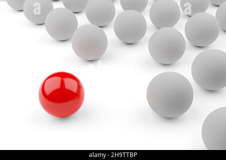 Single red ball standing out from the crowd of white spheres, leadership, standing out or bravery concept over white background, 3D illustration