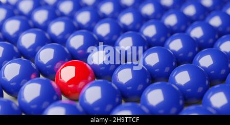 Single red sphere in the middle of group of blue spheres background, team, leadership or individuality concept, 3d illustration Stock Photo