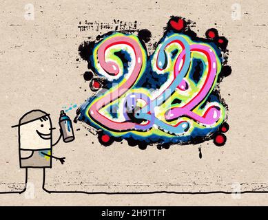 hand drawn Cartoon Painter Boy and Fresh 2022 Graffiti on a brown paper textured background