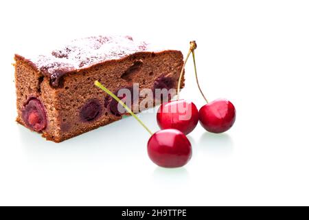 Cherries, cake, cherry cake, piece of cake, icing sugar, chocolate cake, piece, fruit, fruit cake, white, background, cherry, full, genuine, real, fru Stock Photo