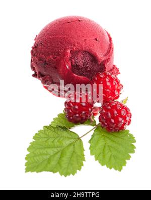 ice, raspberries, raspberry, fresh, sphere, fresh, fruit, Blueberry, food, red, background, white, berries, dark red, greens, leaves, cream, green, le Stock Photo