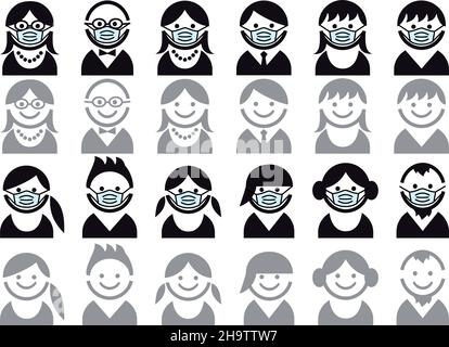 Avatars with medical face mask, user icons, people, smiling faces, vector set Stock Vector