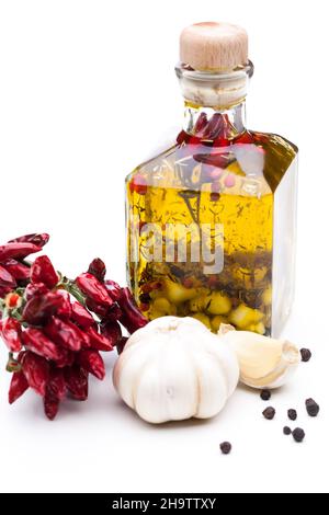 oil, olive oil, garlic, dressing, sauce, herbs, yellow, isolated, thyme, rosemary, bright, spices, kitchen, homemade, transparent, red, herbal oil, ba Stock Photo