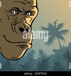 Gorilla head on the background of a wild rainforest. A sly smile on his face. Wild animal primate. Vector cartoon illustration Stock Vector