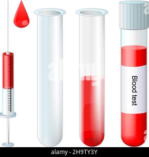 test tubes set. Collection culture tube full and empty. laboratory glassware. sample tube, drop of blood, and a syringe with a needle. blood test for Stock Vector