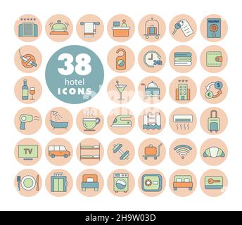 Hotel vector flat icon set. Graph symbol for travel and tourism web site and apps design, logo, app, UI Stock Vector
