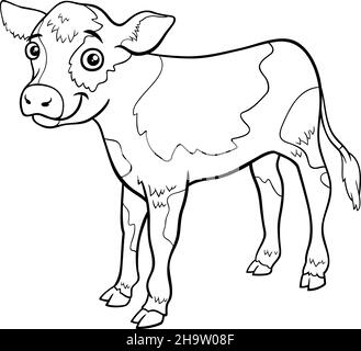 Black and white cartoon illustration of calf farm animal comic character coloring book page Stock Vector