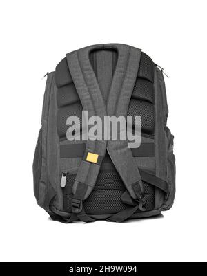 Black backpack isolated on white background. Stock Photo