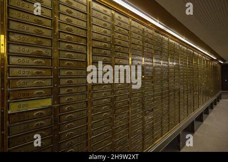 "24.11.2021, Germany, Bremen, Bremen - Vault with safe deposit boxes in a roughened branch of the Savings Bank from the founding period.. 00A211124D21 Stock Photo