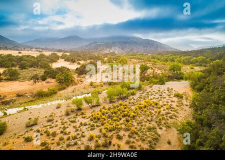 aerial view of Santa Ynez River above Lake Cachuma, Santa Ynez Valley, California Stock Photo