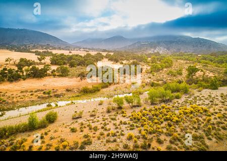 aerial view of Santa Ynez River above Lake Cachuma, Santa Ynez Valley, California Stock Photo