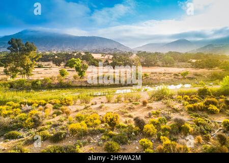 aerial view of Santa Ynez River above Lake Cachuma, Santa Ynez Valley, California Stock Photo