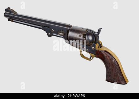 Colt Mod. 1851 Navy,engraved,silver plating,cased,postwar,cal..36,no.  16337. Matching numbers. Octagonal barrel,bright bore,length 7-1/2. Six  shots. Manufactured in 1975. Firm address on barrel,on frame marked Colts  Patent. On cylinder roll