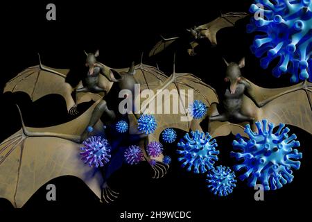 viele Viren wandern von der Tierwelt zum Menschen. Haeufig spielen Fledermaeuse dabei eine grosse Rolle - Symbolbild: CGI-Visualisierung: Coronavirus Stock Photo