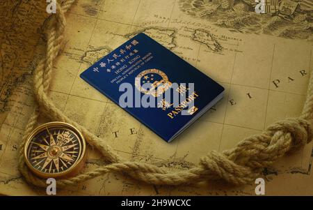 Official passport of Hong Kong on the top of an world map Stock Photo