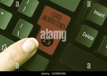 Hand writing sign Cloud Architectures. Business overview Various Engineered Databases Softwares Applications Abstract Replying To Online Message Stock Photo