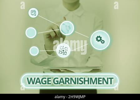 Conceptual caption Wage Garnishment. Conceptual photo Deducting money from compensation ordered by the court Lady In Uniform Standing Holding Tablet Stock Photo