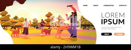 mix race people walking with dogs owners and cute domestic animals having fun friendship with pets concept Stock Vector