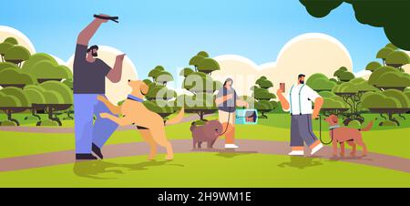 mix race people walking with dogs owners and cute domestic animals having fun friendship with pets concept Stock Vector