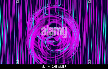 Agitated neon cyber lines and circles.Rotation glitch effect. Pink and green color, concept with futuristic design and vector. Cyberpunk background. F Stock Photo