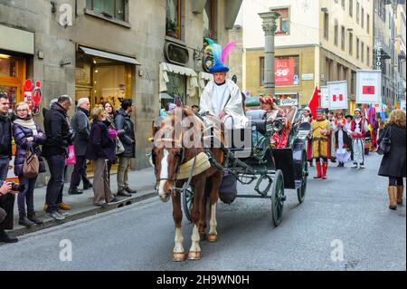 Florence, Italy - January 6, 2013: Epiphany, the feast of Christian holidays and churches celebrate with a grand parade in magnificent costumes. Stock Photo
