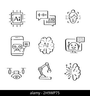 Artificial intelligence doodle icons set. Robotic hand and assistance, machine vision and learning, voice and face recognition Stock Vector