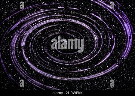 Abstract space background with glowing purple stars in the shape of a spiral nebula on black starry background in deep space Stock Photo