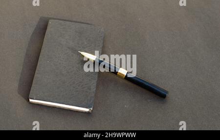 Pen placed on notebook on black background. High angle view. Copy space room for text. Stock Photo