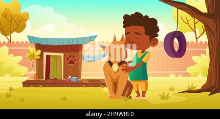 Boy and dog on backyard with canine kennel, fence and tree with tire swing. Vector cartoon illustration of garden or house yard with doghouse and happy kid with pet Stock Vector