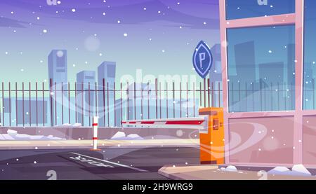 Entrance to security parking with automatic car barrier. Vector cartoon illustration of automobile park entry with closed boom gate, road sign, stop line, fence and booth. Checkpoint in winter Stock Vector