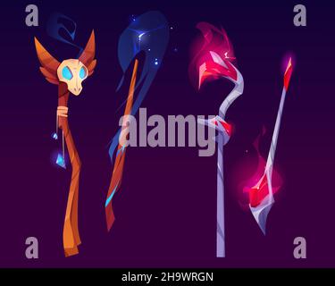 Set of magic wands, wizard staffs or witch sticks with glowing gems, glow crystals and skull. Fantasy wooden or metal rods, Rpg game assets, magician fairy tale items, Cartoon illustration Stock Vector